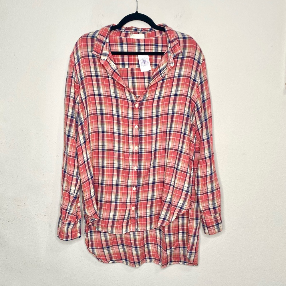 CP Shades Plaid Linen Cotton Blend Multicolor Tunic Button Down Long Sleeve Top
